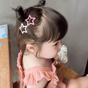 Cute hollow star hair clips for children in pink and white matte finish metal set