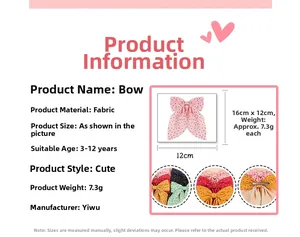 Size guide for polka dot bow hair clip with measurements and fabric details in white