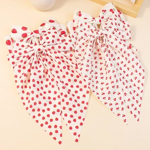 Sweet Fruit Print Bowknot Hair Clip With Long Streamers Polyester Strawberry Cherry Pattern Hair Accessory For Girls Women