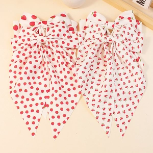 Sweet bow hair clip with strawberry and cherry prints and long ribbons for girls
