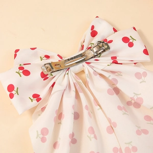 Sweet oversized fabric bow hair clip with cherry print and silver metal spring clip
