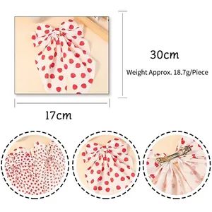Sweet strawberry print bow hair clip with long ribbons, 17cm wide, red and white fabric