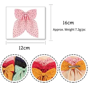 Pink polka dot bow hair clip with ribbons, 16x12cm handmade sweet fabric hair accessory