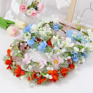 Kids Artificial Flower Crown Headband With Ribbon Forest Style Floral Hair Wreath For Wedding Party Flower Girl Hair Accessories