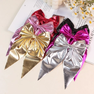 Elegant metallic fabric bow hair clips with long ribbons in assorted shiny colors