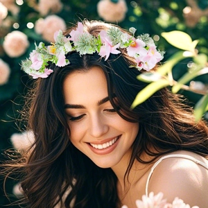 Floral princess flower crown headband for girls with pink blossoms and green leaves for weddings