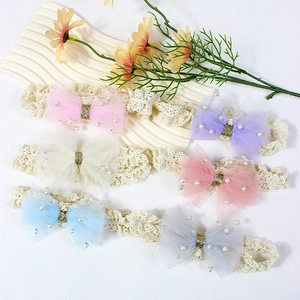 Baby Girl Lace Headband Mesh Bow Faux Artificial Pearl Elastic Hair Band Soft Sweet Princess Hair Accessories For Newborn Toddler Kids