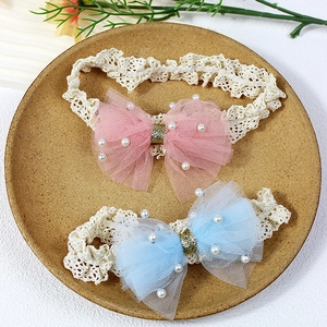 Elegant baby girl headbands with pearl mesh bows in soft pink and light blue lace