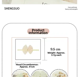 Detailed view of light yellow lace bow headband showing fabric texture and 41cm circumference