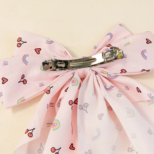 Fiocco per capelli rosa con stampa a ciliegie e arcobaleno con clip in metallo