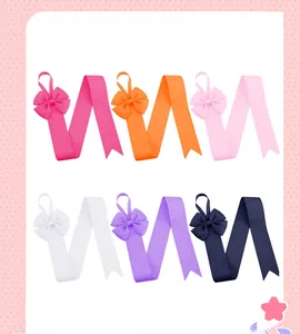 Detail view of colorful ribbon hair clip organizers with bows in six vibrant colors