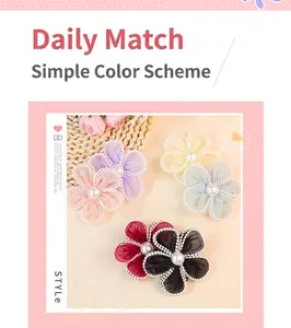 Detalle de accesorios de flores de malla con perlas DIY en seis colores para el cabello