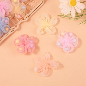 Handmade mesh five-petal flowers with colorful pom centers for DIY hair accessories and crafts