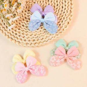 Set of six macaron-colored lace and fabric bow hair clips for girls' accessories