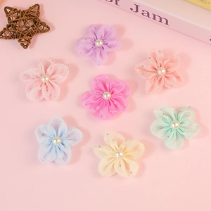 Chiffon 3D bloemaccessoires met parels en glitter voor DIY haarklemmen en kledingdecoratie