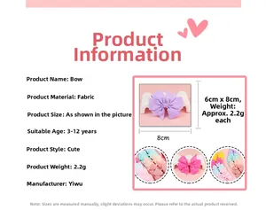 Detailed size specifications and material chart for children's ribbed fabric hair bows