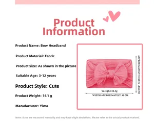 Detailed view of pink fabric bow headband with knit texture showing exact product dimensions