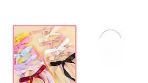Detail showing various colors of satin bow hair clips with long ribbon streamers