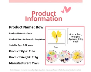 Detail specifications for a 6cm yellow fabric bow hair clip for girls aged 3 to 12