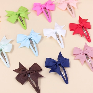 Set of ten colorful 6cm grosgrain ribbon bow hair clips for girls in various pastel shades