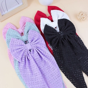Pince à Cheveux en Polyester Fait Main avec Ruban à Œillets Pointelle et Longs Rubans Grande Barrette à Nœud de Couleur Unie pour Enfants Femmes Accessoire de Décoration Doux