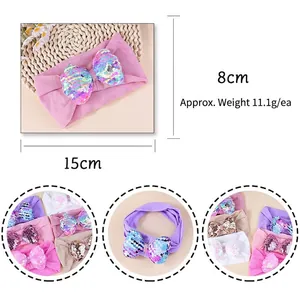 Elastic baby headband with colorful sequin bow and breathable soft knitted nylon fabric