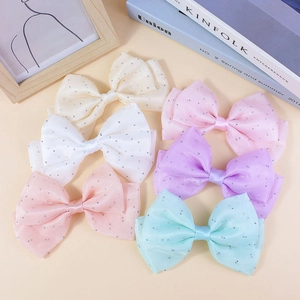 Set of 6 double-layer organza bow hair clips in pastel colors with glitter accents