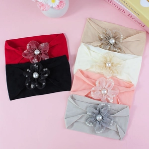 Baby Elastic Headband With Mesh Flower And Faux Artificial Pearl Decoration Toddler Infant Hair Accessories Sweet Floral Headpiece
