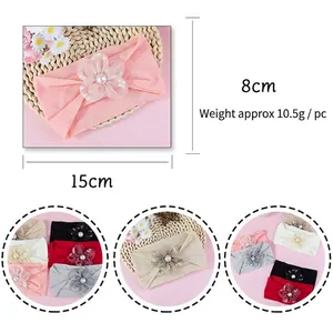 Elastic nylon baby headband with mesh flower and pearl detail, multi-color assortment