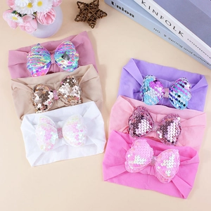Set of 6 colorful sequin bow baby headbands made of soft stretchy nylon fabric