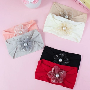 Set of 6 elastic baby headbands with mesh flowers and pearls in various colors
