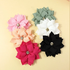 Handmade layered chiffon fabric flowers with rhinestone centers in six assorted colors