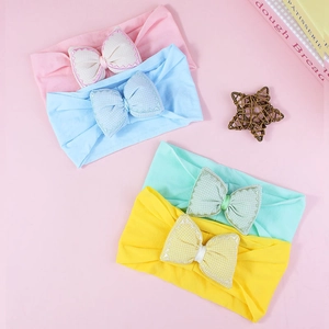 Set of 4 cute baby bow headbands in soft cotton macaron colors for toddler girls