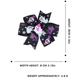 Halloween Day of the Dead hair bow clip with ghost and cat patterns on black ribbon