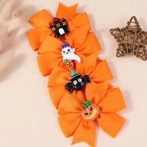 Kids Halloween Bow Hair Clips Set Pumpkin Ghost Spider Castle Pattern Grosgrain Ribbon Handmade Hairpins For Girls Party
