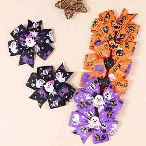 Halloween ribbon bow hair clips with skull, ghost, pumpkin and spooky festive patterns