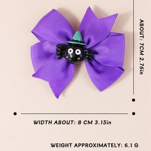 Halloween purple ribbon hair clip with spider wizard hat charm and size measurements