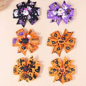 Set of 6 Halloween hair bows for girls with pumpkin, ghost, and bat resin decorations