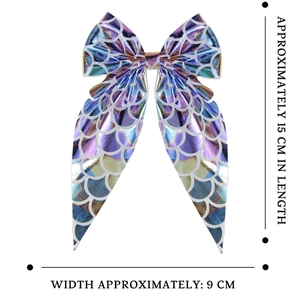 Barrette nœud holographique sirène violet et or pour filles, dimensions de 15x9 cm