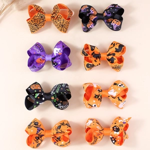 Halloween Bow Hair Clips For Kids Cute Ghost Pumpkin Bat Spider Web Pattern Grosgrain Ribbon Duckbill Clips Hair Accessories