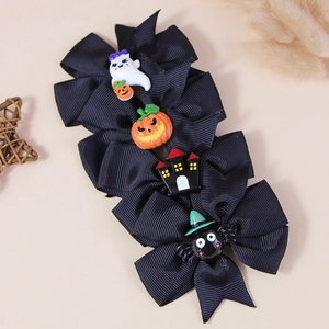 Halloween ribbon bow hair clips with ghost, pumpkin, castle and spider resin charms