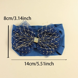 Elastic navy blue baby headband with glitter bow detail, 5.51 inches width for infants