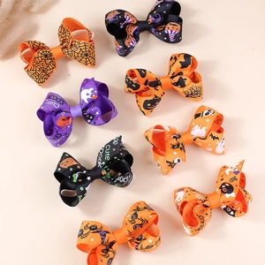 Halloween bow hair clip set with pumpkins, ghosts and spider web patterns for kids