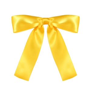 Détail macro d'un nœud en ruban satin jaune vif de haute qualité à texture soyeuse