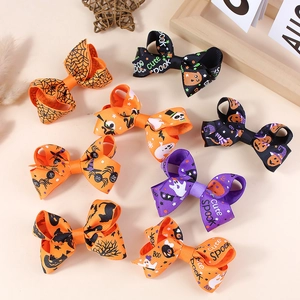 Set of 8 Halloween bow hair clips with spider web, ghost, and pumpkin festive patterns