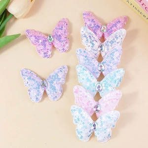 Sparkly sequin double-layer butterfly patches with rhinestones for DIY hair accessories