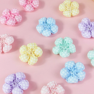 Handmade fabric 3D five-petal flowers in pastel plaid patterns for DIY clothing accessories
