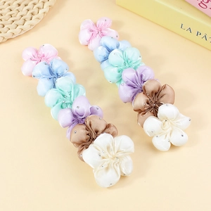 Satin fabric 4cm flower hair clips with silver beads in assorted macaron colors