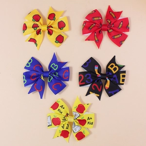 5-piece back to school grosgrain ribbon hair bows with pencil and apple prints