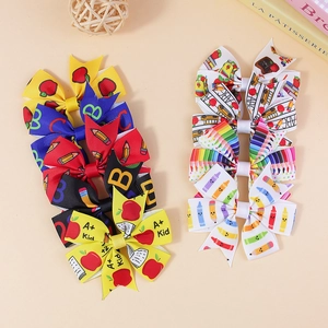 Back to School handmade grosgrain ribbon hair bows set with school themed patterns